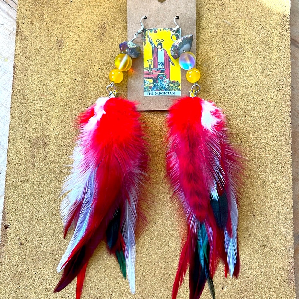 Long red feather tarot earrings, the magician yellow beads, quartz